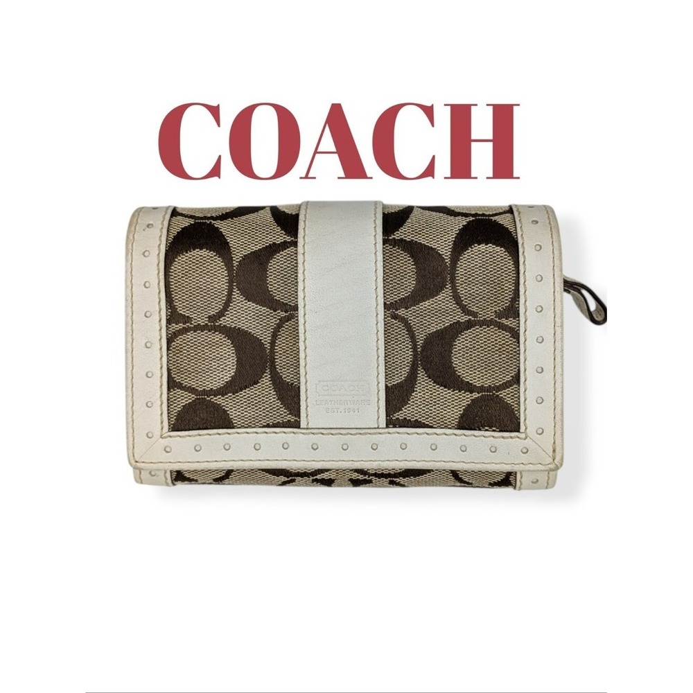 Coach Signature Wallet Khaki Canvas White Perforated Leather Trim Zip Folding